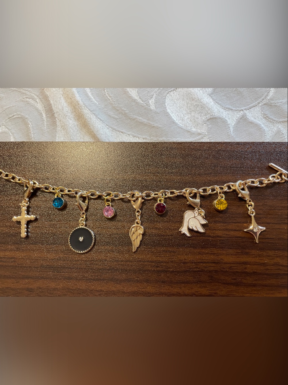 Spiritual Faith theme bracelet with multi color rhinestones and crystals